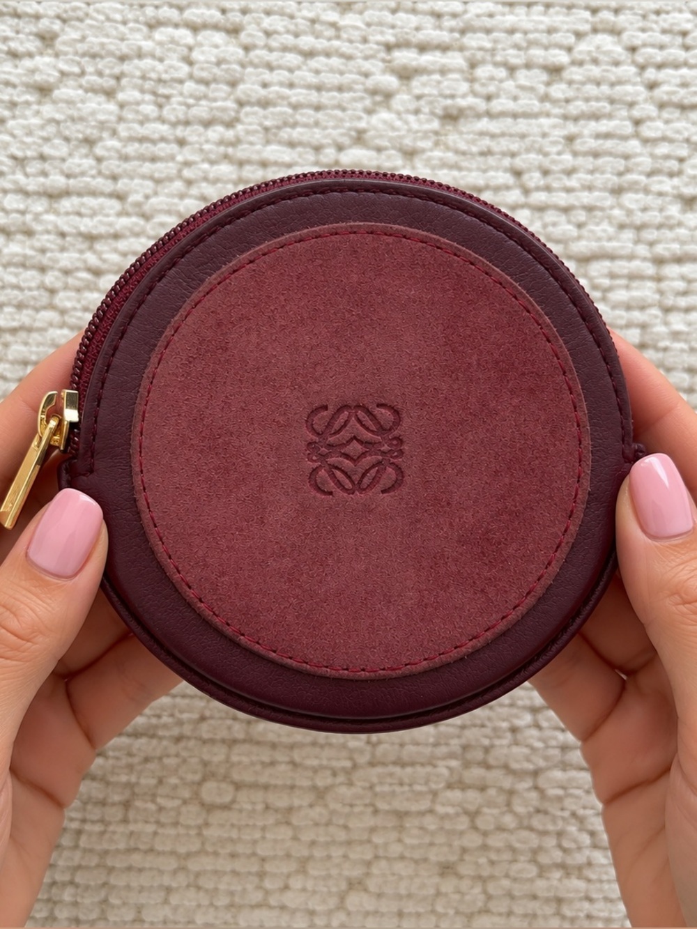 Vintage Loewe Round Burgundy Suede & Leather Coin Pouch